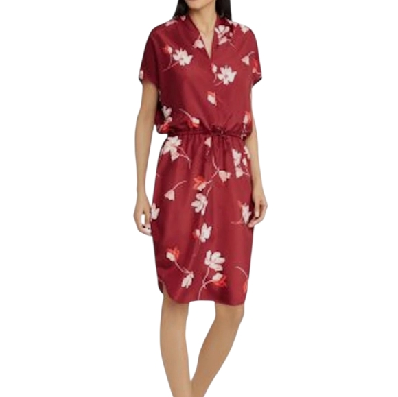 Ralph‎ Lauren Bolorma Sheath Dress Red Burgendy Floral Lightweight Satin Midi 14 - Picture 1 of 14